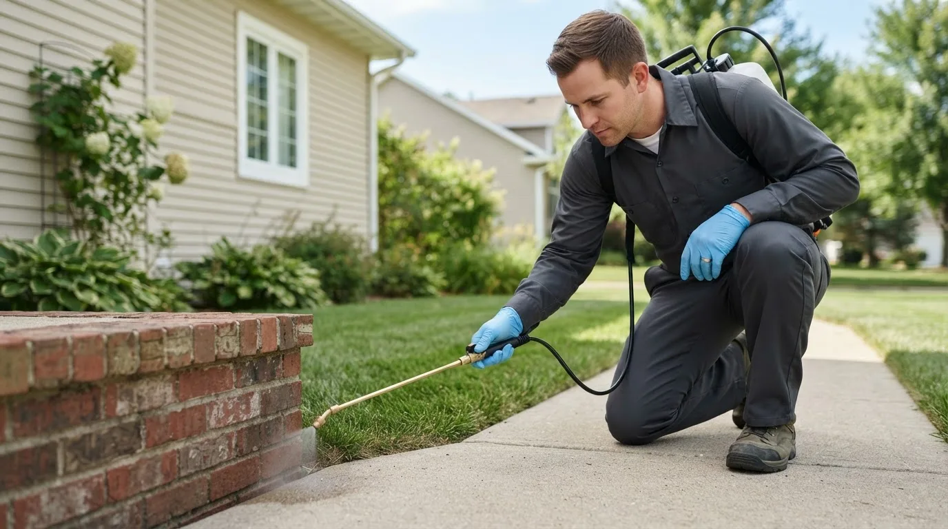 Pest control technician treating a home near Humeston, IA