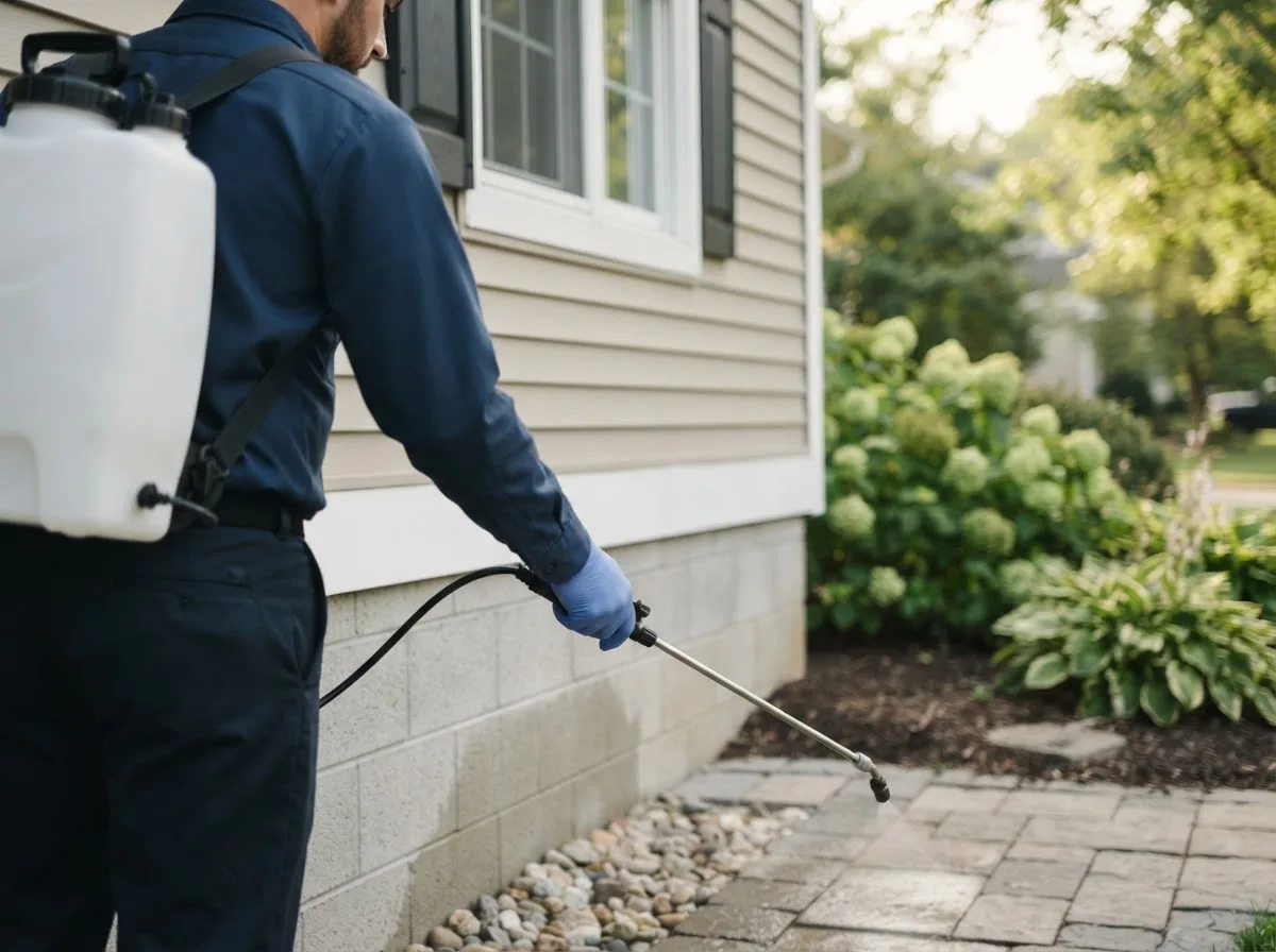 Pest control technician inspecting a home in Humeston, IA